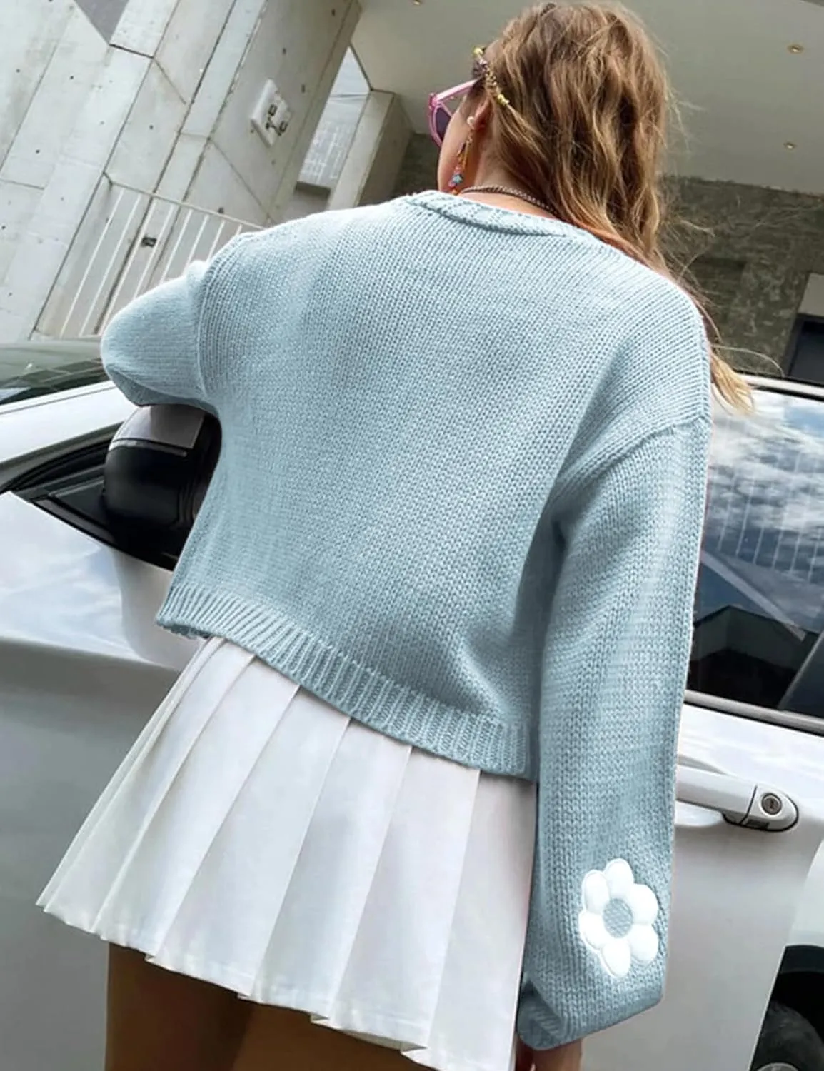 Arssm Y2K Womens Flower Cardigan Sweater Long Sleeve Knit Cropped Cardigan Open Front Cute Shrug Fall Sweater 90s Outfits