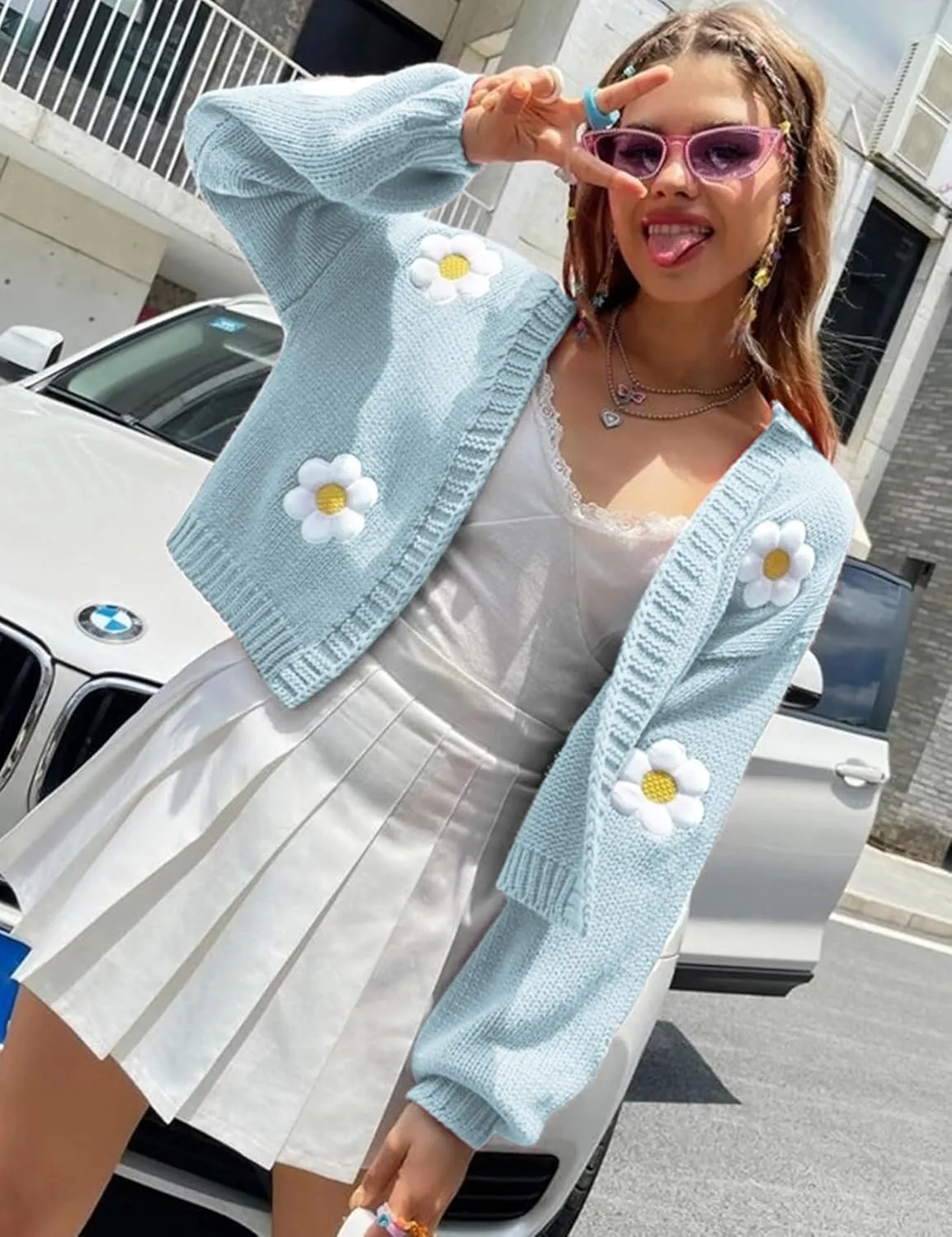 Arssm Y2K Womens Flower Cardigan Sweater Long Sleeve Knit Cropped Cardigan Open Front Cute Shrug Fall Sweater 90s Outfits