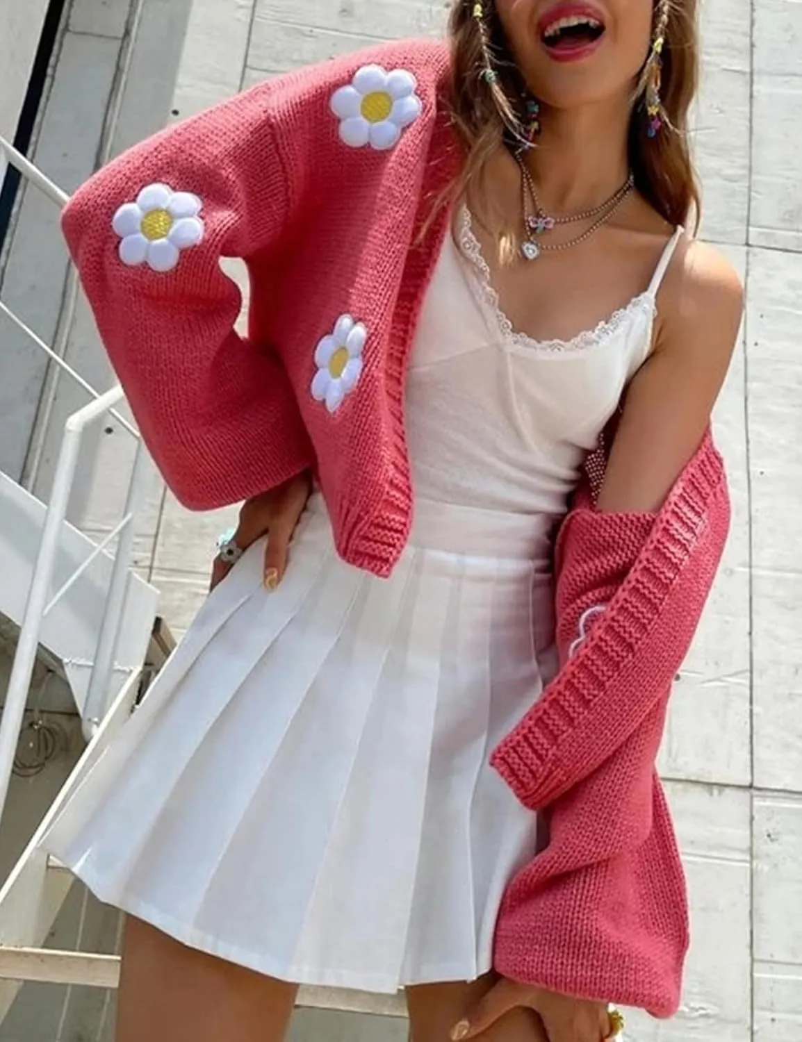 Arssm Y2K Womens Flower Cardigan Sweater Long Sleeve Knit Cropped Cardigan Open Front Cute Shrug Fall Sweater 90s Outfits