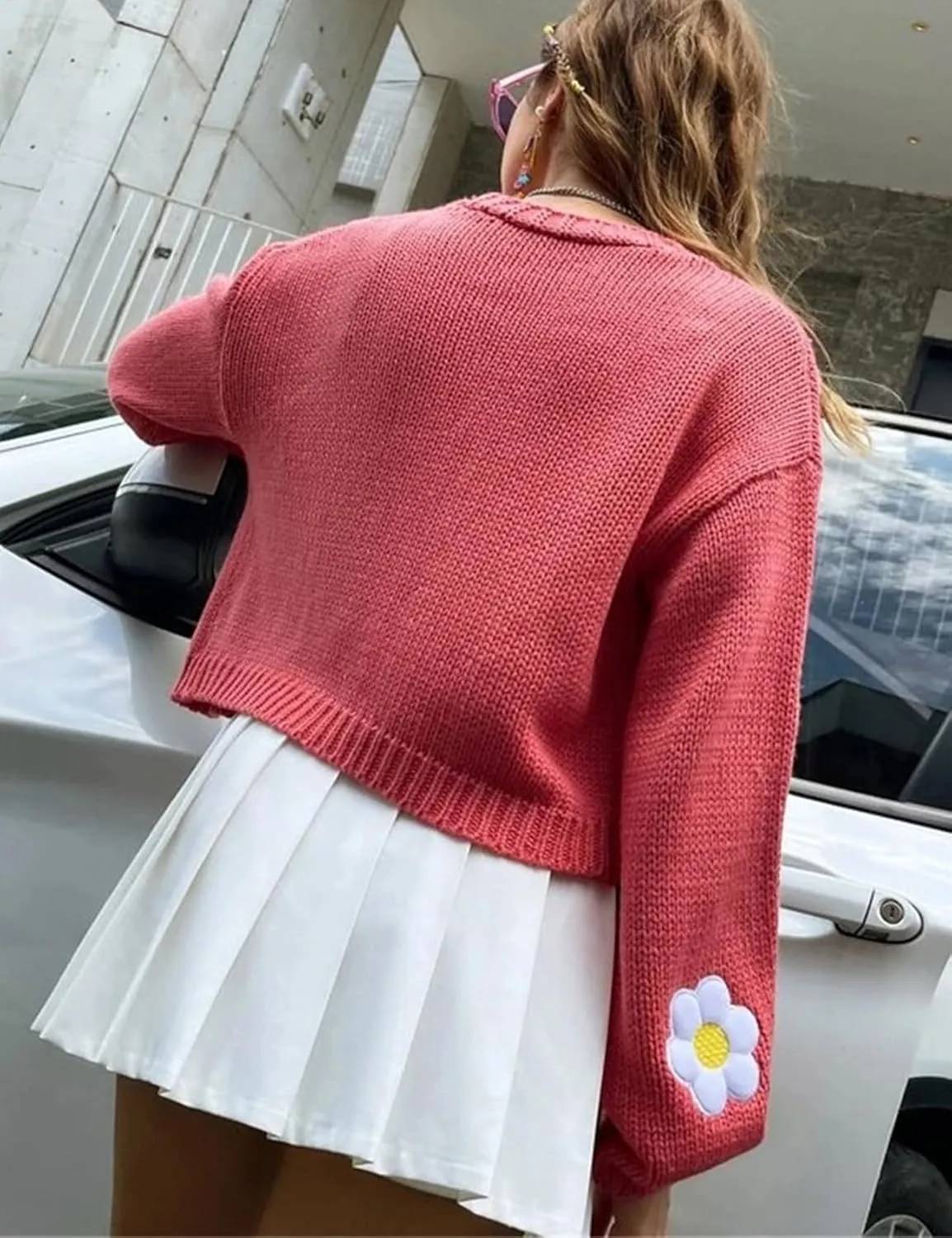 Arssm Y2K Womens Flower Cardigan Sweater Long Sleeve Knit Cropped Cardigan Open Front Cute Shrug Fall Sweater 90s Outfits