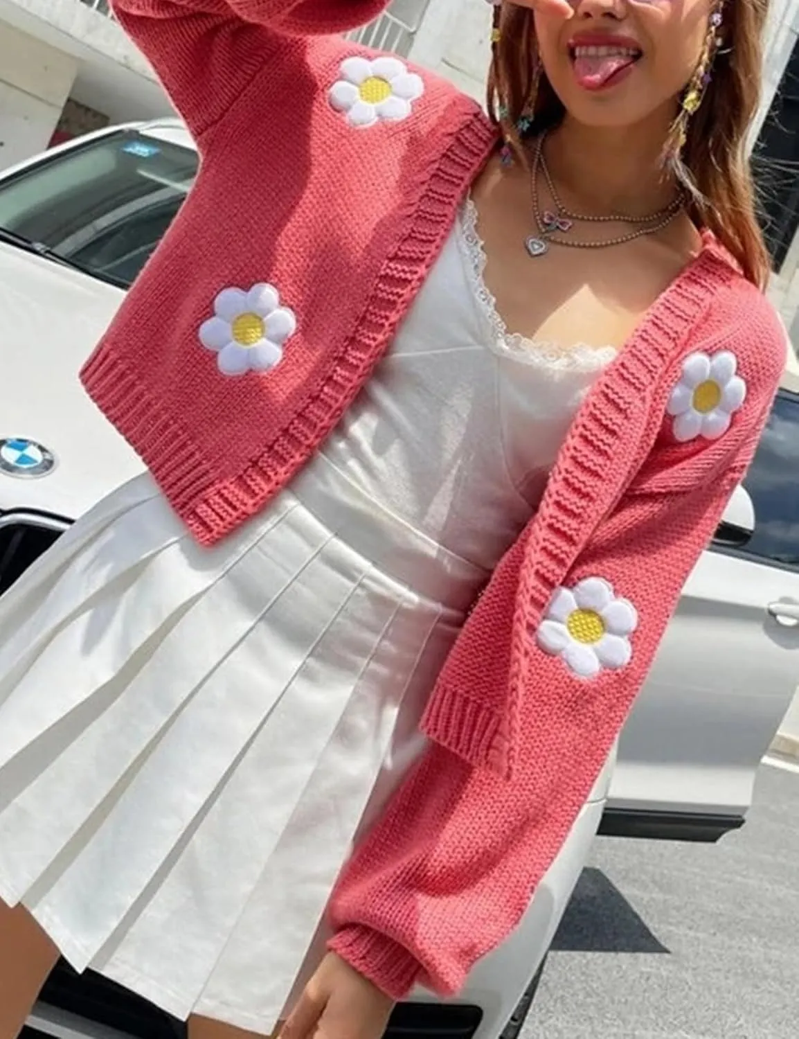 Arssm Y2K Womens Flower Cardigan Sweater Long Sleeve Knit Cropped Cardigan Open Front Cute Shrug Fall Sweater 90s Outfits