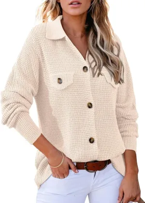 Astylish Women Waffle Knit Shacket Jacket Casual Long Sleeve Sweater Button Down Shirts Dressy Blouse Tops