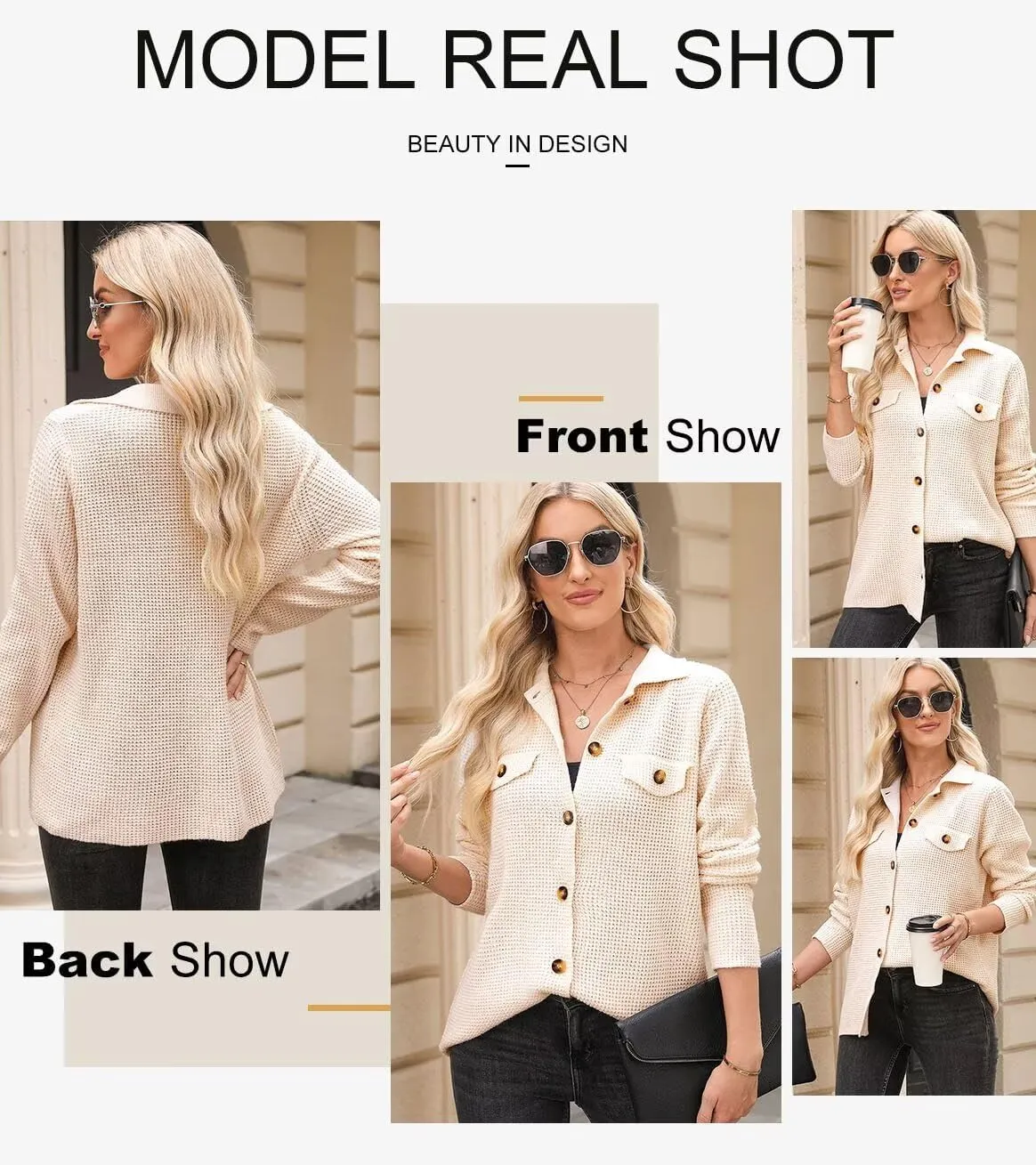 Astylish Women Waffle Knit Shacket Jacket Casual Long Sleeve Sweater Button Down Shirts Dressy Blouse Tops