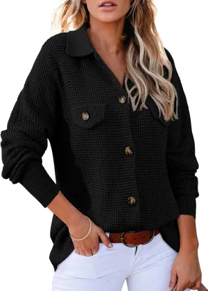 Astylish Women Waffle Knit Shacket Jacket Casual Long Sleeve Sweater Button Down Shirts Dressy Blouse Tops