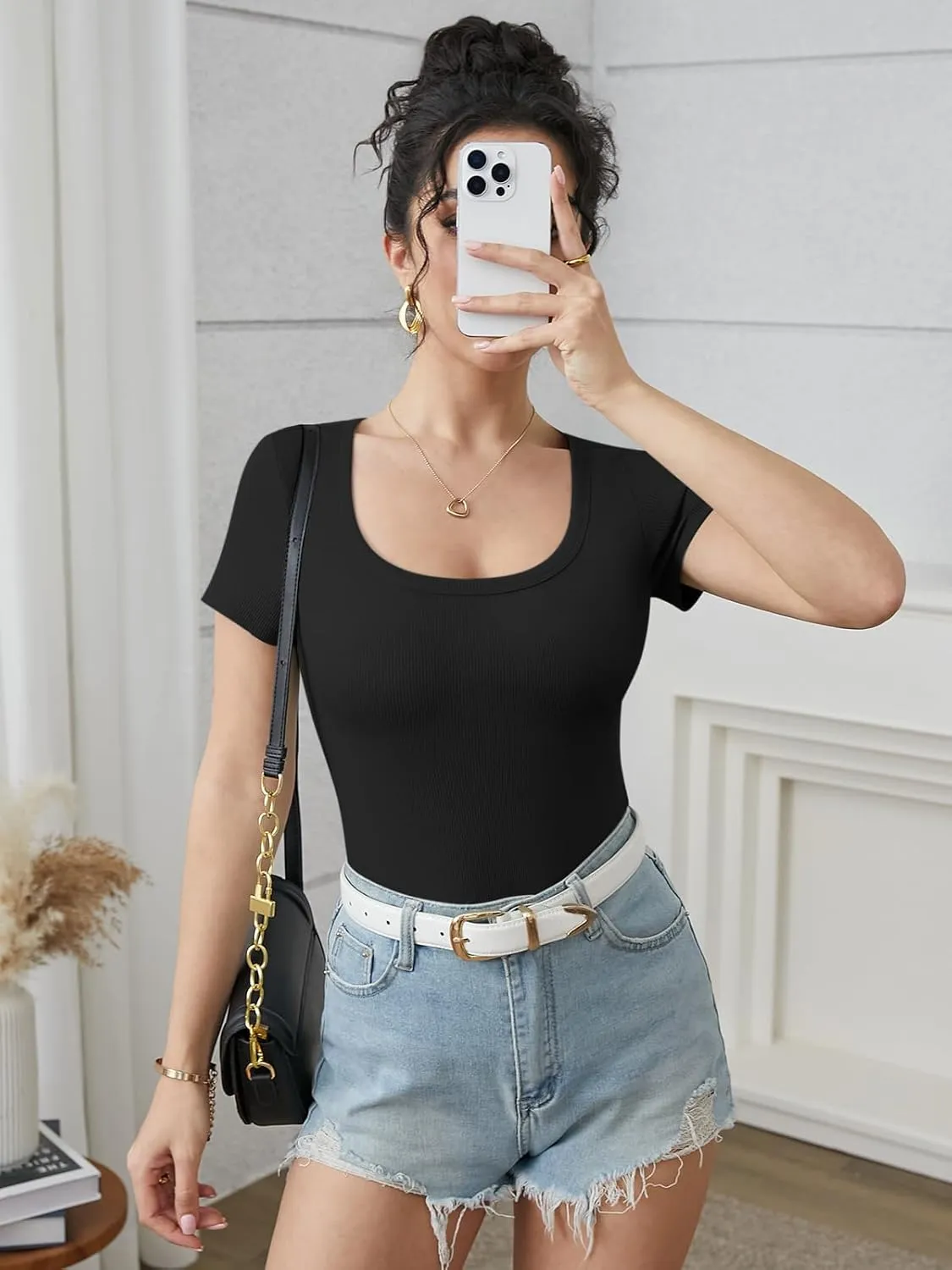 ATHMILE Womens Tops Ribbed Scoop Neck Knit Slim Fitted Casual Basic Tee Shirts for Women Fashion Trendy 2025