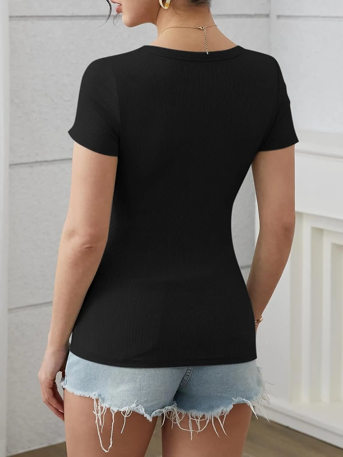 ATHMILE Womens Tops Ribbed Scoop Neck Knit Slim Fitted Casual Basic Tee Shirts for Women Fashion Trendy 2025