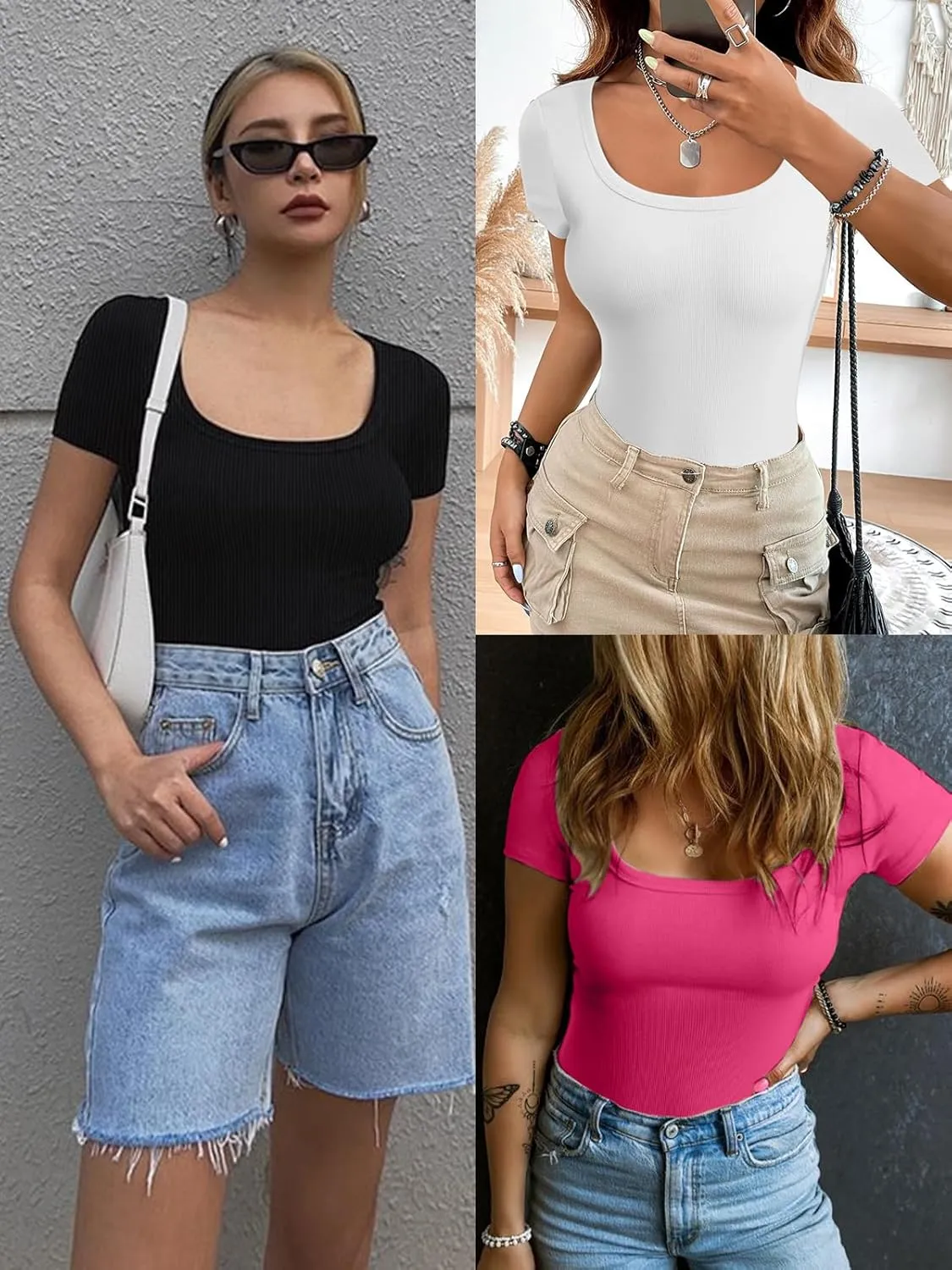 ATHMILE Womens Tops Ribbed Scoop Neck Knit Slim Fitted Casual Basic Tee Shirts for Women Fashion Trendy 2025