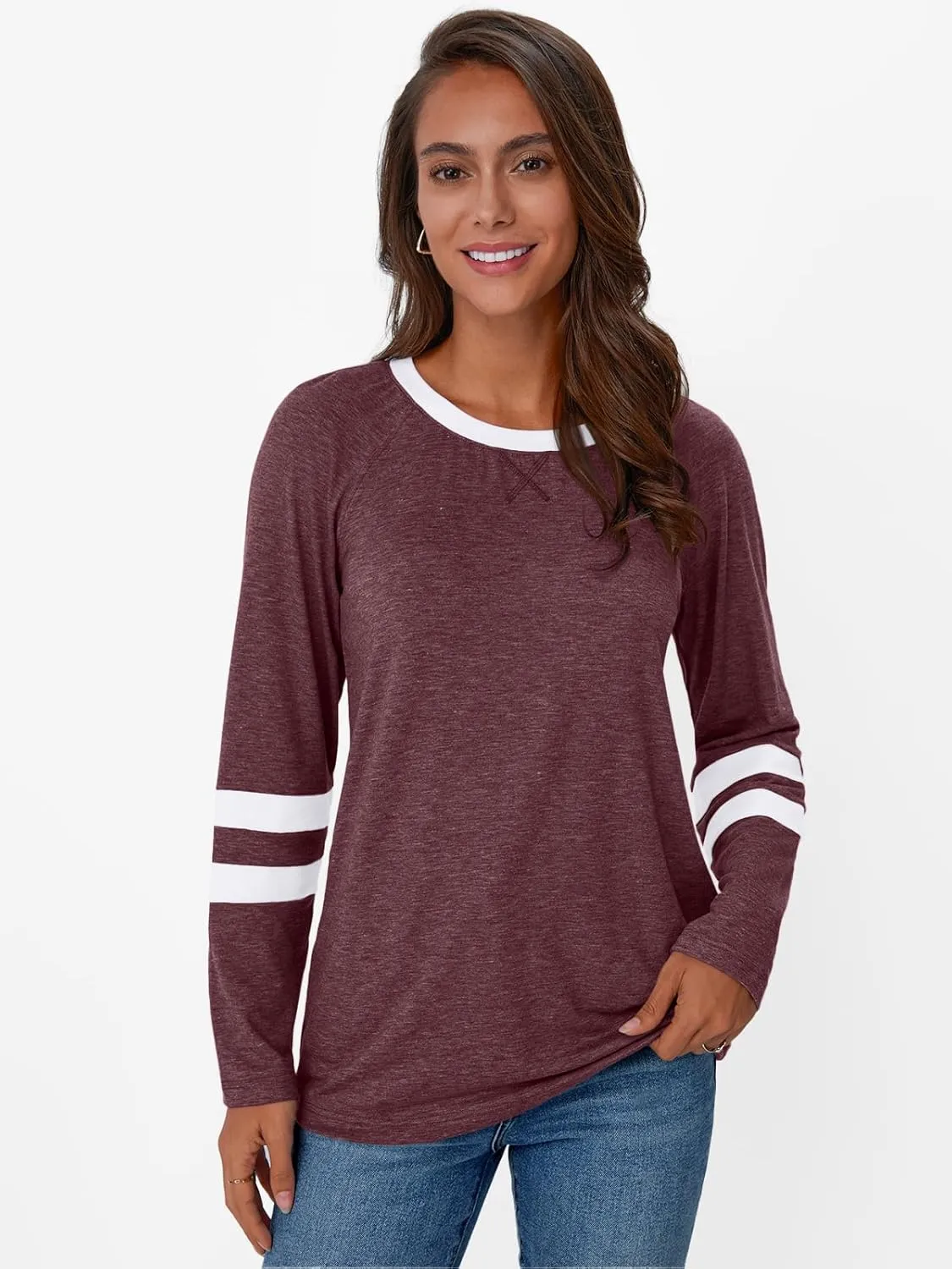 AUTOMET Womens Long Sleeve Shirts Color Block Casual Crewneck Tops Tshirt Basic Tee Fall Fashion Clothes Trendy Outfits