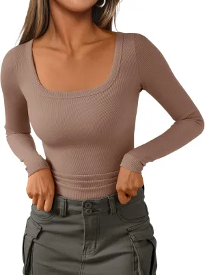 AUTOMET Womens Long Sleeve Shirts Square Neck Tops Ribbed Knit Fitted Casual Basic Tees Slim Fit Fall Outfits Fashion Clothes