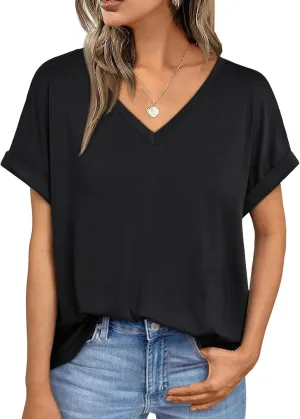 AUTOMET Women's Oversized V Neck Tshirts Casual Basic Short Sleeve Summer Tops Loose Fit 2025 Plain Tee Shirts
