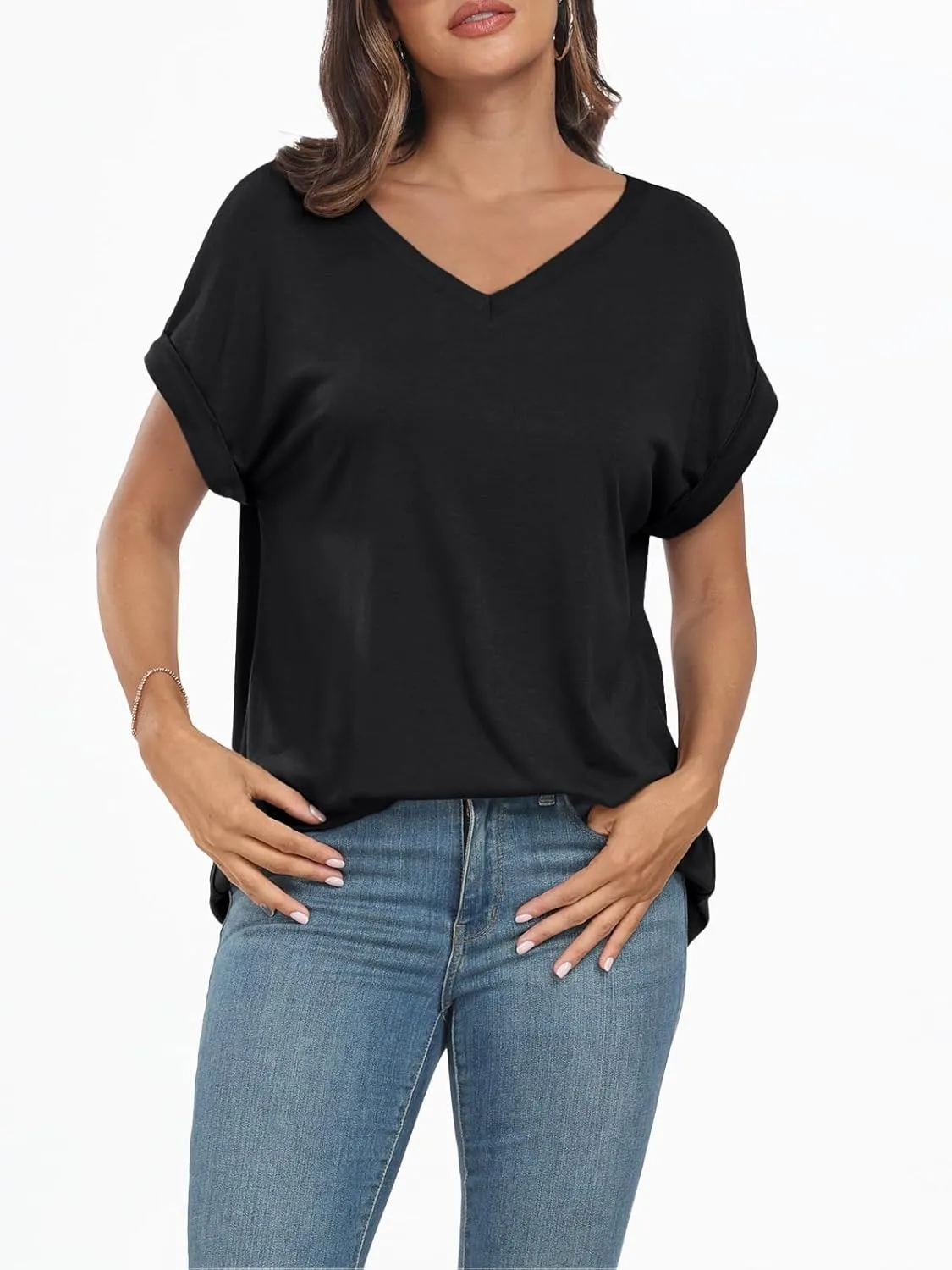 AUTOMET Women's Oversized V Neck Tshirts Casual Basic Short Sleeve Summer Tops Loose Fit 2025 Plain Tee Shirts