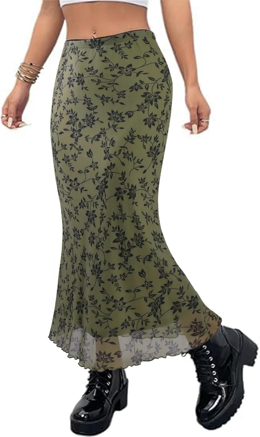 Avanova Women Ditsy Floral Bohemia Mesh Mermaid Skirt High Waist Summer Midi Skirts
