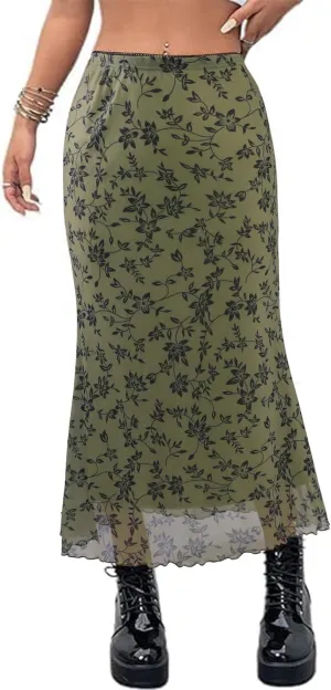 Avanova Women Ditsy Floral Bohemia Mesh Mermaid Skirt High Waist Summer Midi Skirts
