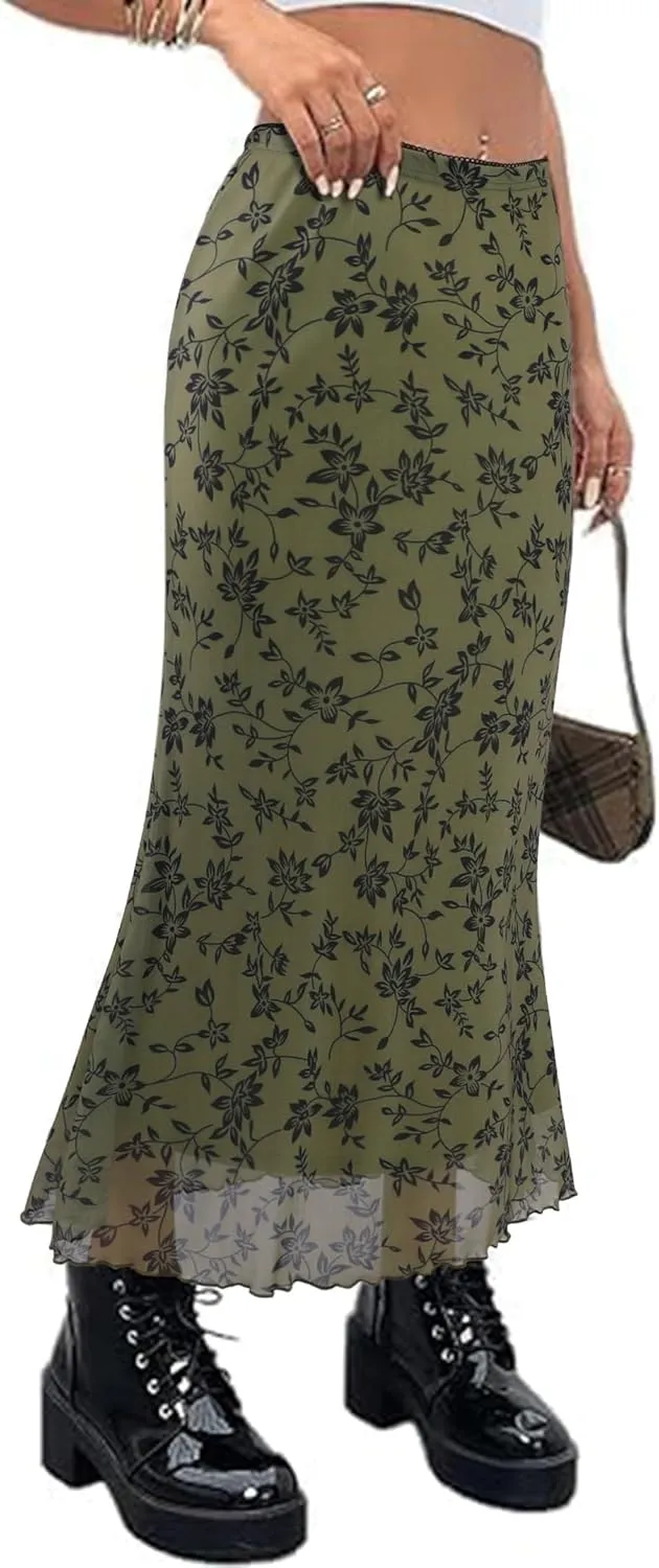 Avanova Women Ditsy Floral Bohemia Mesh Mermaid Skirt High Waist Summer Midi Skirts
