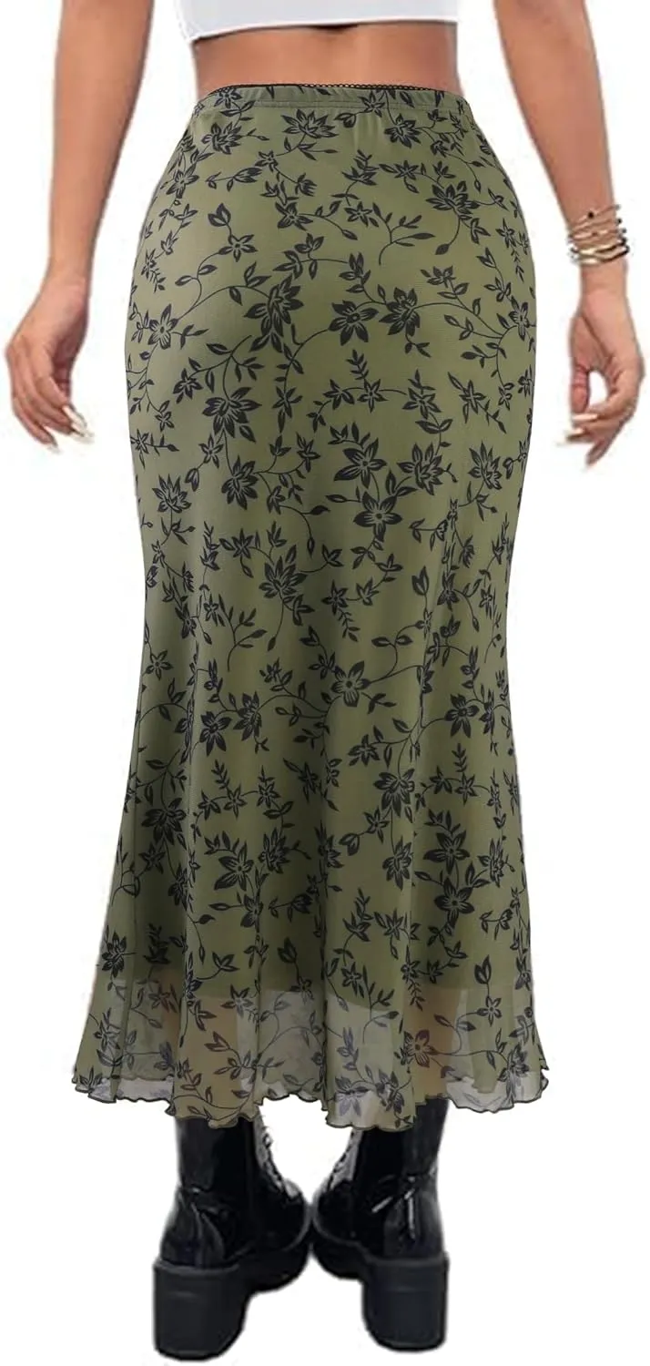 Avanova Women Ditsy Floral Bohemia Mesh Mermaid Skirt High Waist Summer Midi Skirts