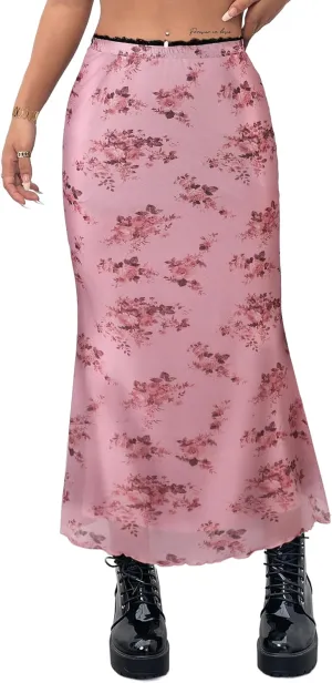 Avanova Women Ditsy Floral Bohemia Mesh Mermaid Skirt High Waist Summer Midi Skirts