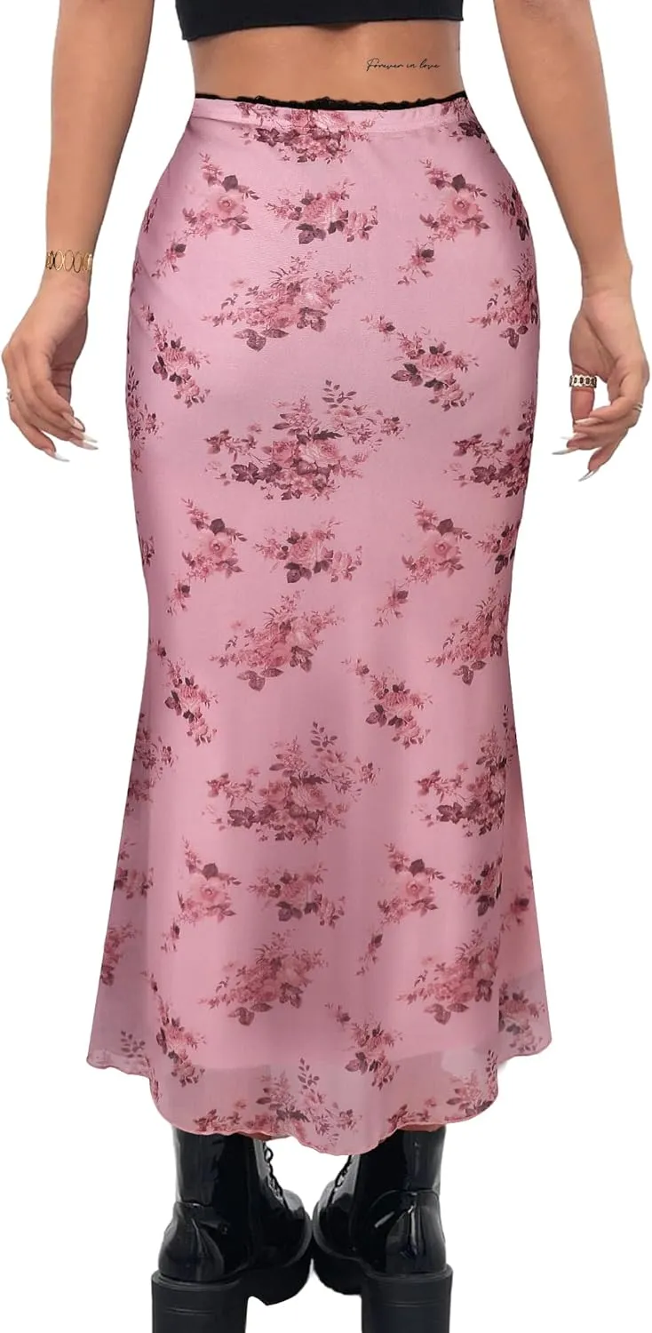 Avanova Women Ditsy Floral Bohemia Mesh Mermaid Skirt High Waist Summer Midi Skirts