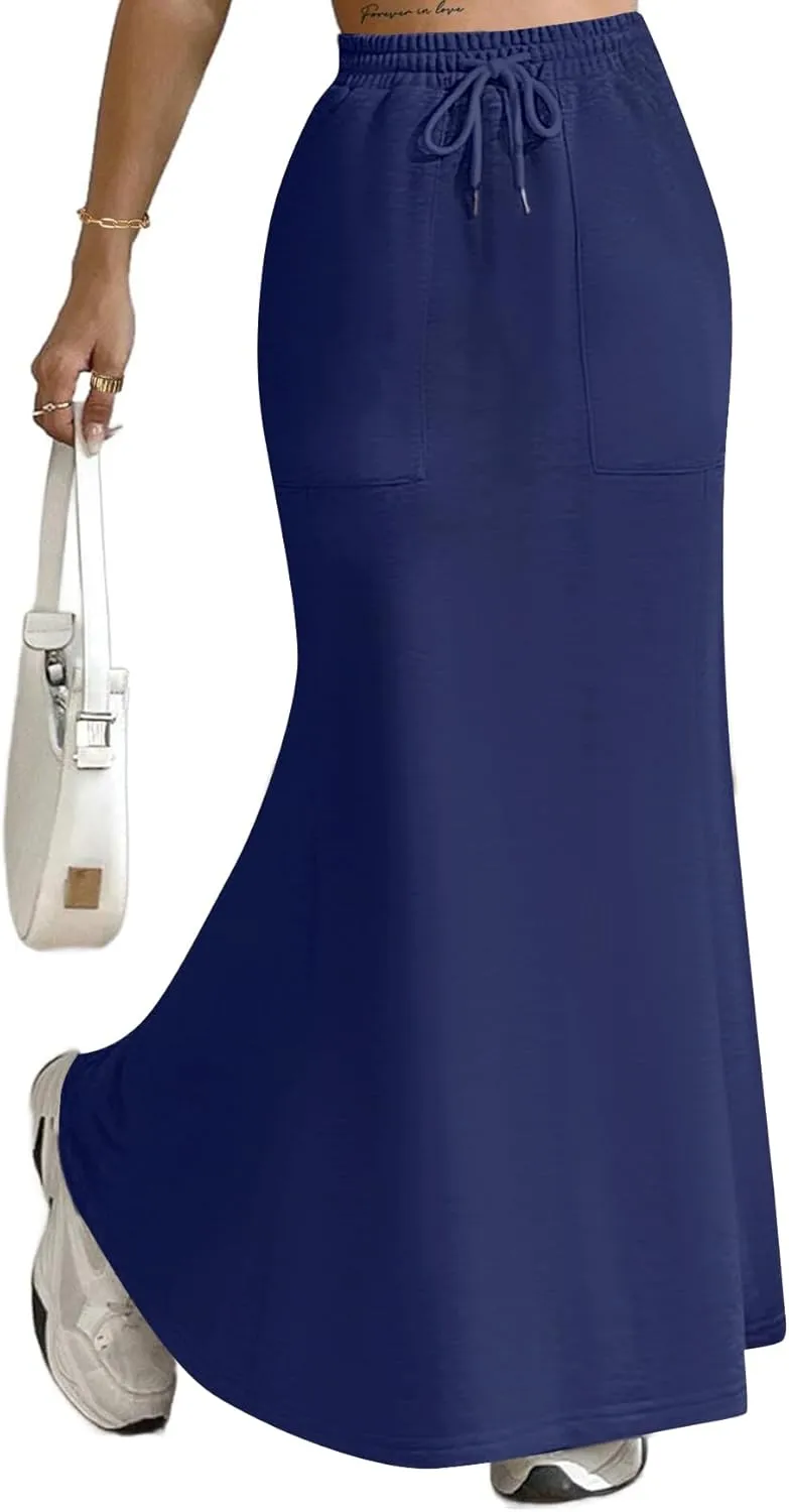 Avanova Women High Waisted Mermaid Skirt Drawstring Pocket Maxi Long Skirt