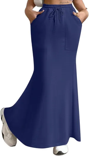Avanova Women High Waisted Mermaid Skirt Drawstring Pocket Maxi Long Skirt