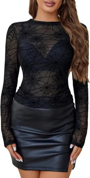 Avidlove Mesh Top for Women Long Sleeve Round Neck Tee Shirt See Through Sheer Blouse Back Hollow Drawstring Slim Fit Shirt