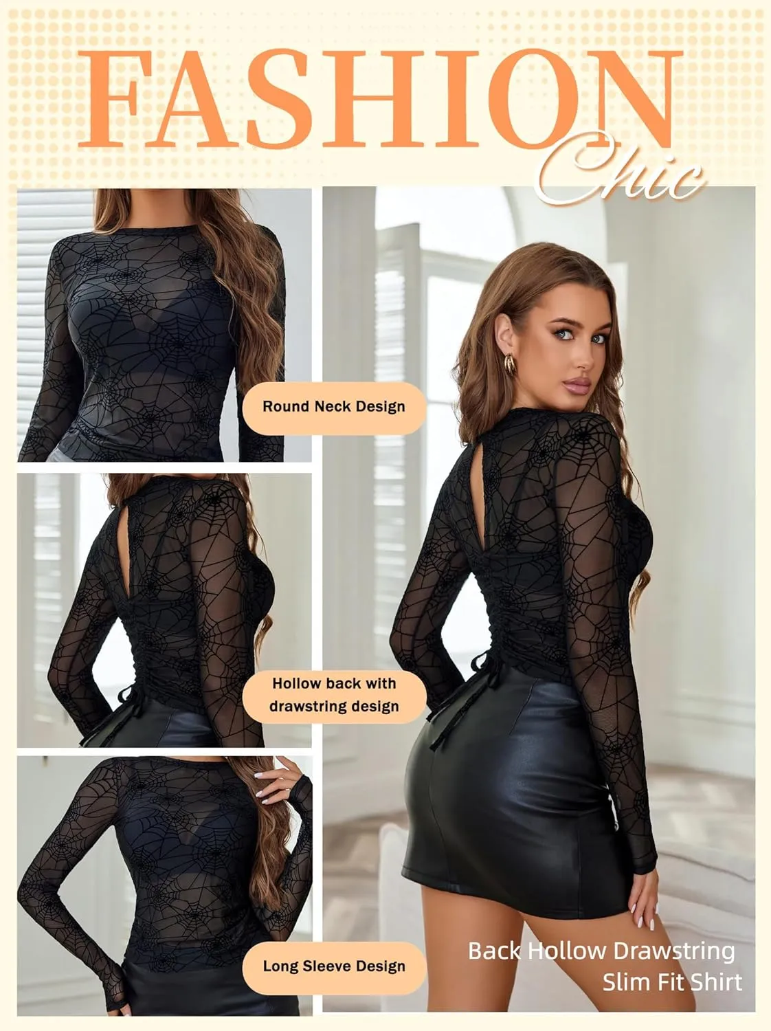 Avidlove Mesh Top for Women Long Sleeve Round Neck Tee Shirt See Through Sheer Blouse Back Hollow Drawstring Slim Fit Shirt