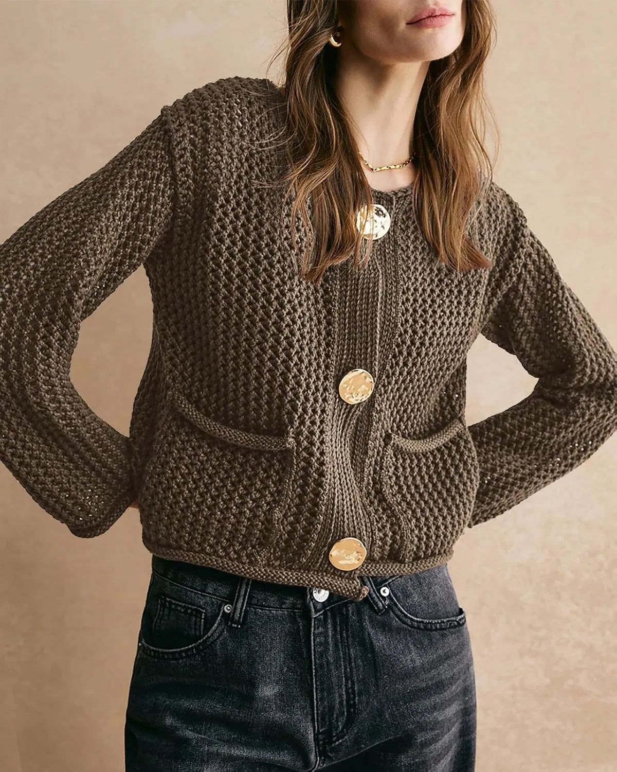 Balimtoy Womens Chunky Cropped Cardigan Long Sleeve Open Front Button Down Loose Cardigan Fall Outerwear with Pockets