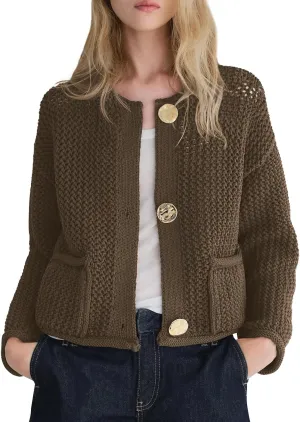 Balimtoy Womens Chunky Cropped Cardigan Long Sleeve Open Front Button Down Loose Cardigan Fall Outerwear with Pockets