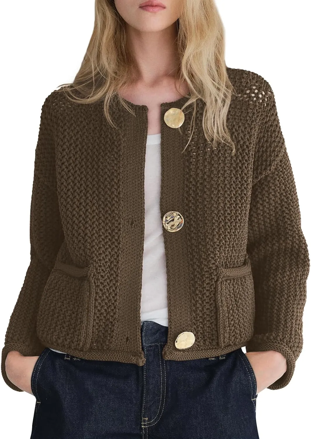 Balimtoy Womens Chunky Cropped Cardigan Long Sleeve Open Front Button Down Loose Cardigan Fall Outerwear with Pockets