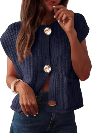 Baonmy Women's Sleeveless Cropped Chunky Knit Cardigan 2025 Casual Button Down Crochet Sweater Vest Tops with Pockets