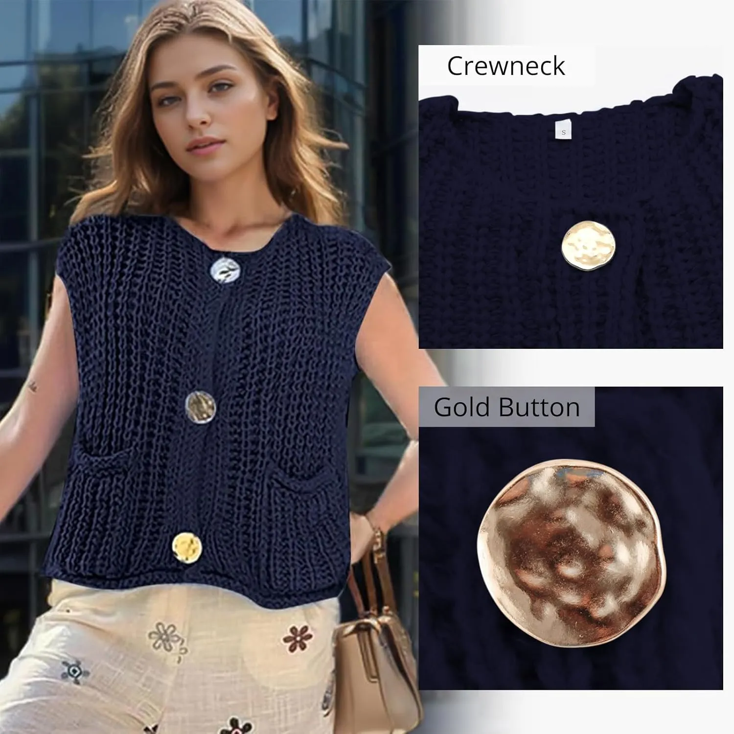 Baonmy Women's Sleeveless Cropped Chunky Knit Cardigan 2025 Casual Button Down Crochet Sweater Vest Tops with Pockets