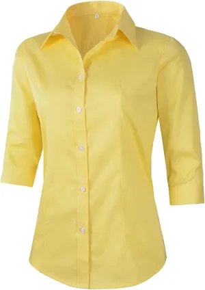Beninos Women's 3/4 Sleeve Formal Work Wear White Button Down Shirt