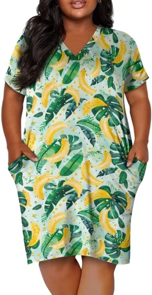 Biyejit Womens Plus Size Short Sleeve V Neck T-Shirt Dress with Pockets Casual Loose T-Shirt Dress for Beach Vacation