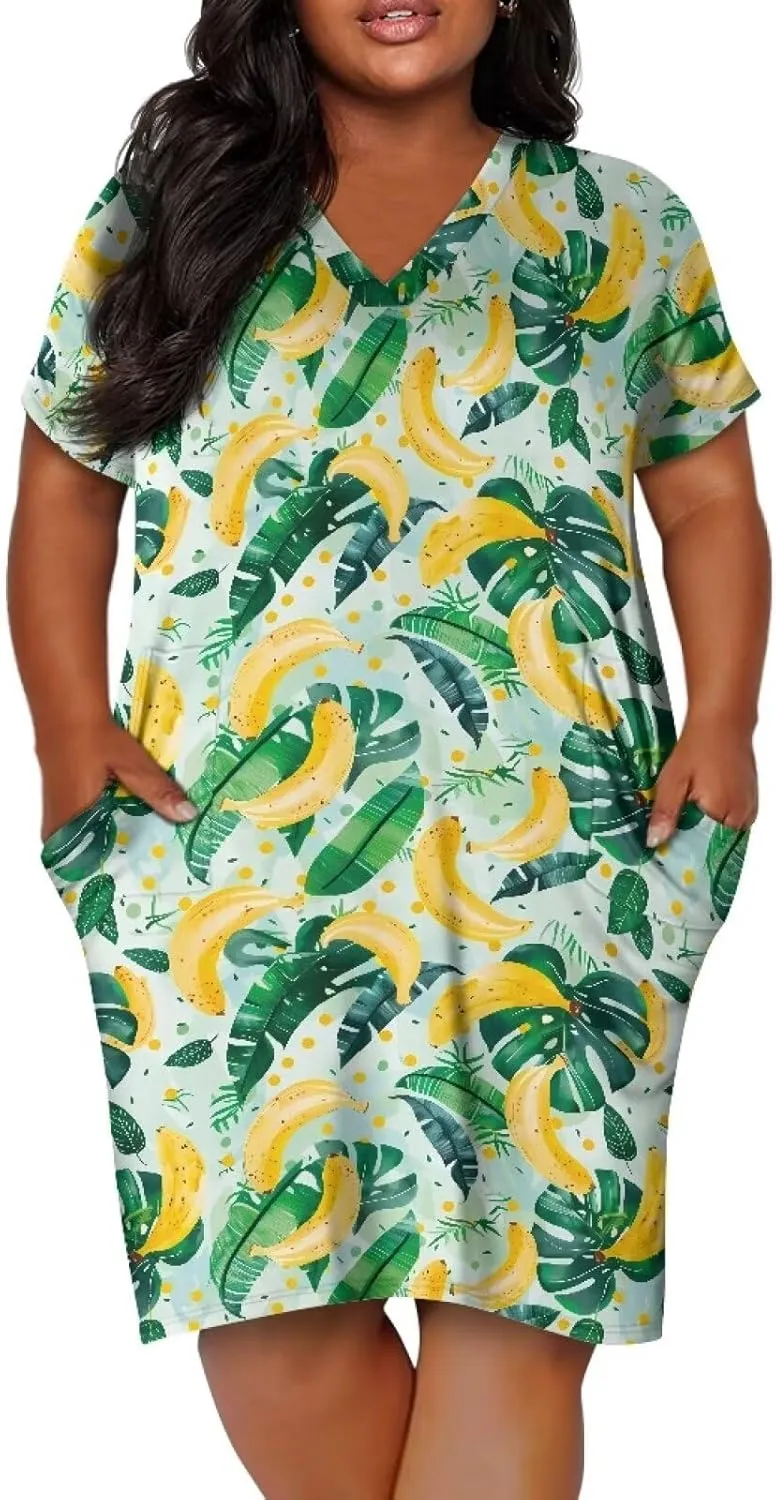 Biyejit Womens Plus Size Short Sleeve V Neck T-Shirt Dress with Pockets Casual Loose T-Shirt Dress for Beach Vacation