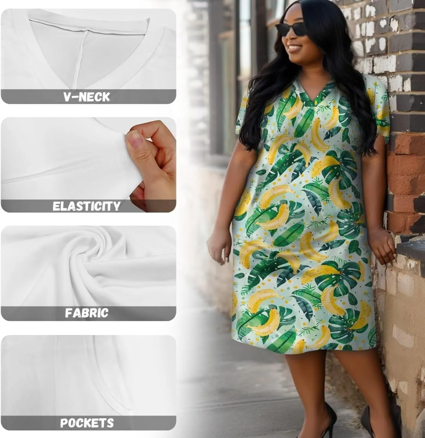 Biyejit Womens Plus Size Short Sleeve V Neck T-Shirt Dress with Pockets Casual Loose T-Shirt Dress for Beach Vacation