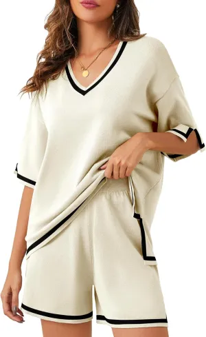 Bloggerlove Women Lightweight Knit Short Sets 2 Piece Lounge Sets Sweater Set for Women