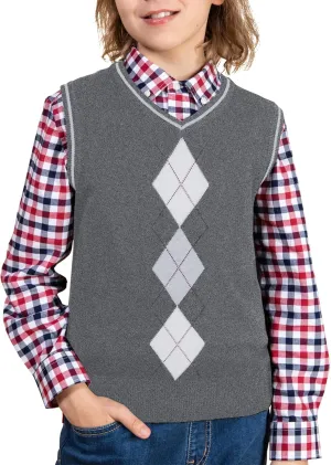 BOBOYOYO Boys Argyle Sweater Vest 100% Cotton V-Neck Vest Kids Uniform Sleeveless Sweaters for Children 5-12Y