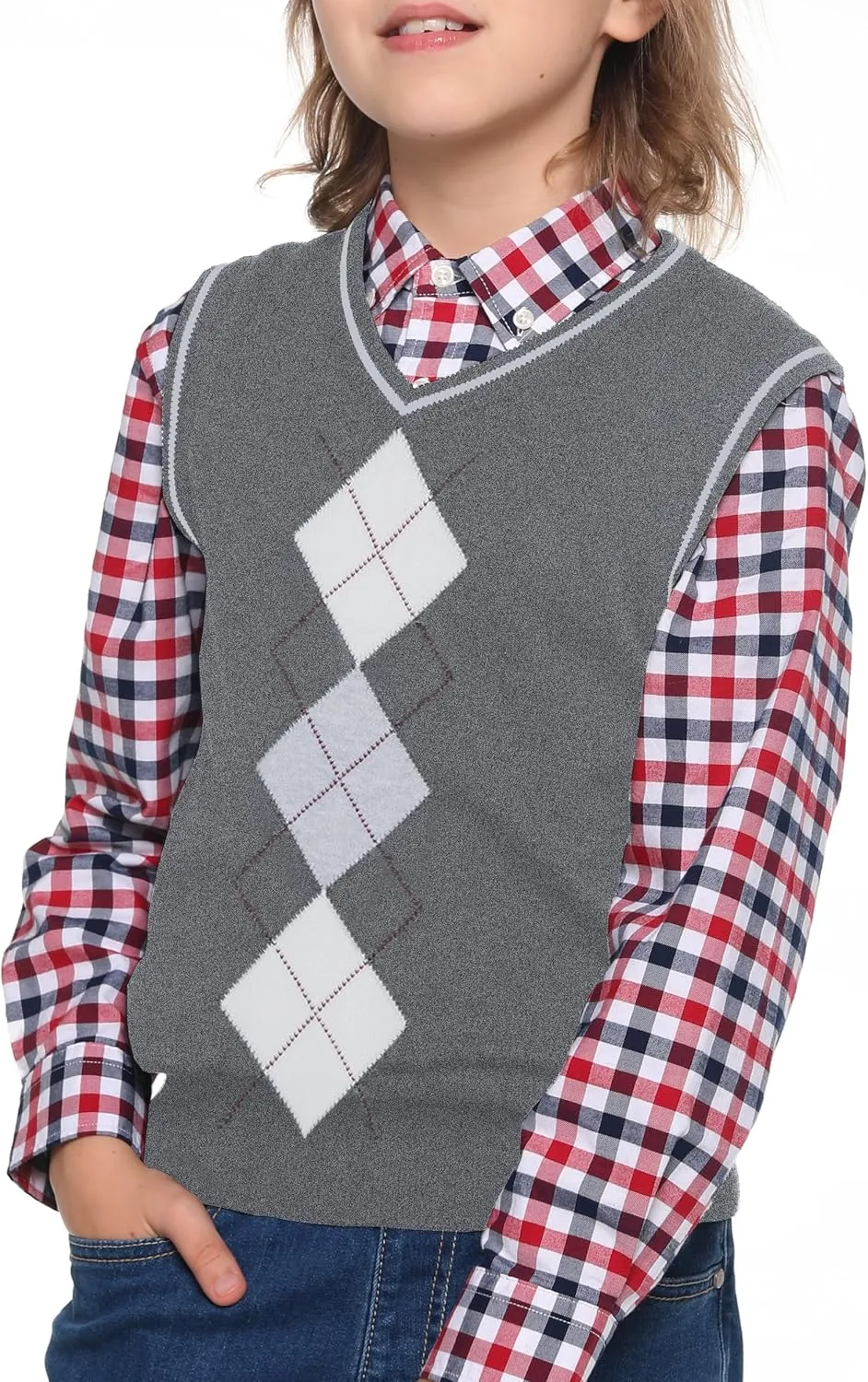 BOBOYOYO Boys Argyle Sweater Vest 100% Cotton V-Neck Vest Kids Uniform Sleeveless Sweaters for Children 5-12Y