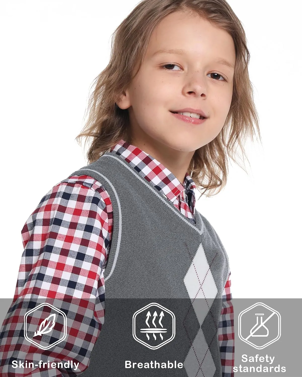 BOBOYOYO Boys Argyle Sweater Vest 100% Cotton V-Neck Vest Kids Uniform Sleeveless Sweaters for Children 5-12Y