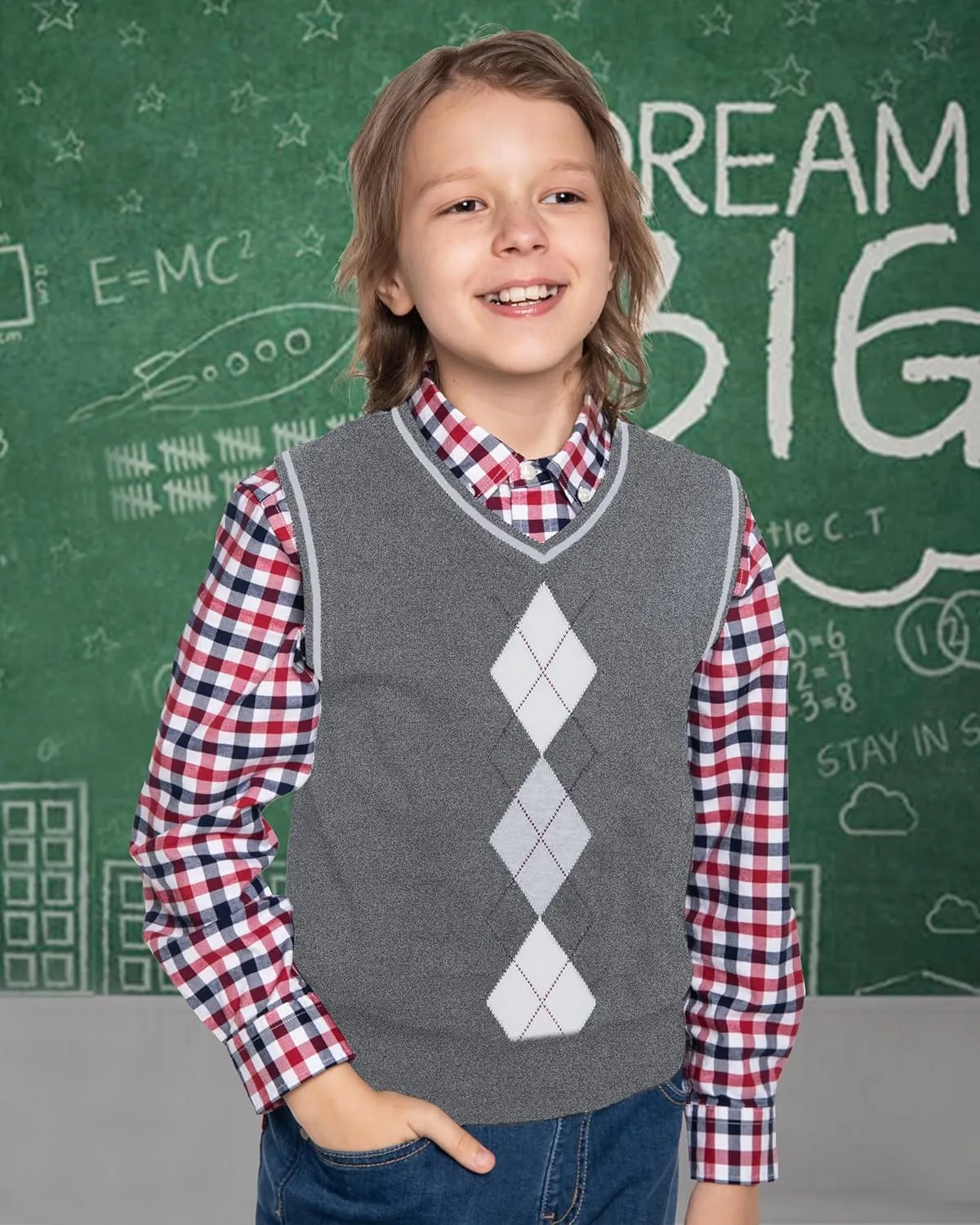 BOBOYOYO Boys Argyle Sweater Vest 100% Cotton V-Neck Vest Kids Uniform Sleeveless Sweaters for Children 5-12Y
