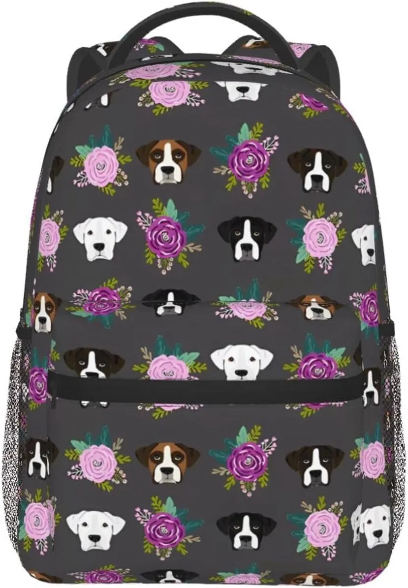 Boxer Dogs Floral Backpack Laptop Backpack Sports Travel Shoulder bag Light casual backpack