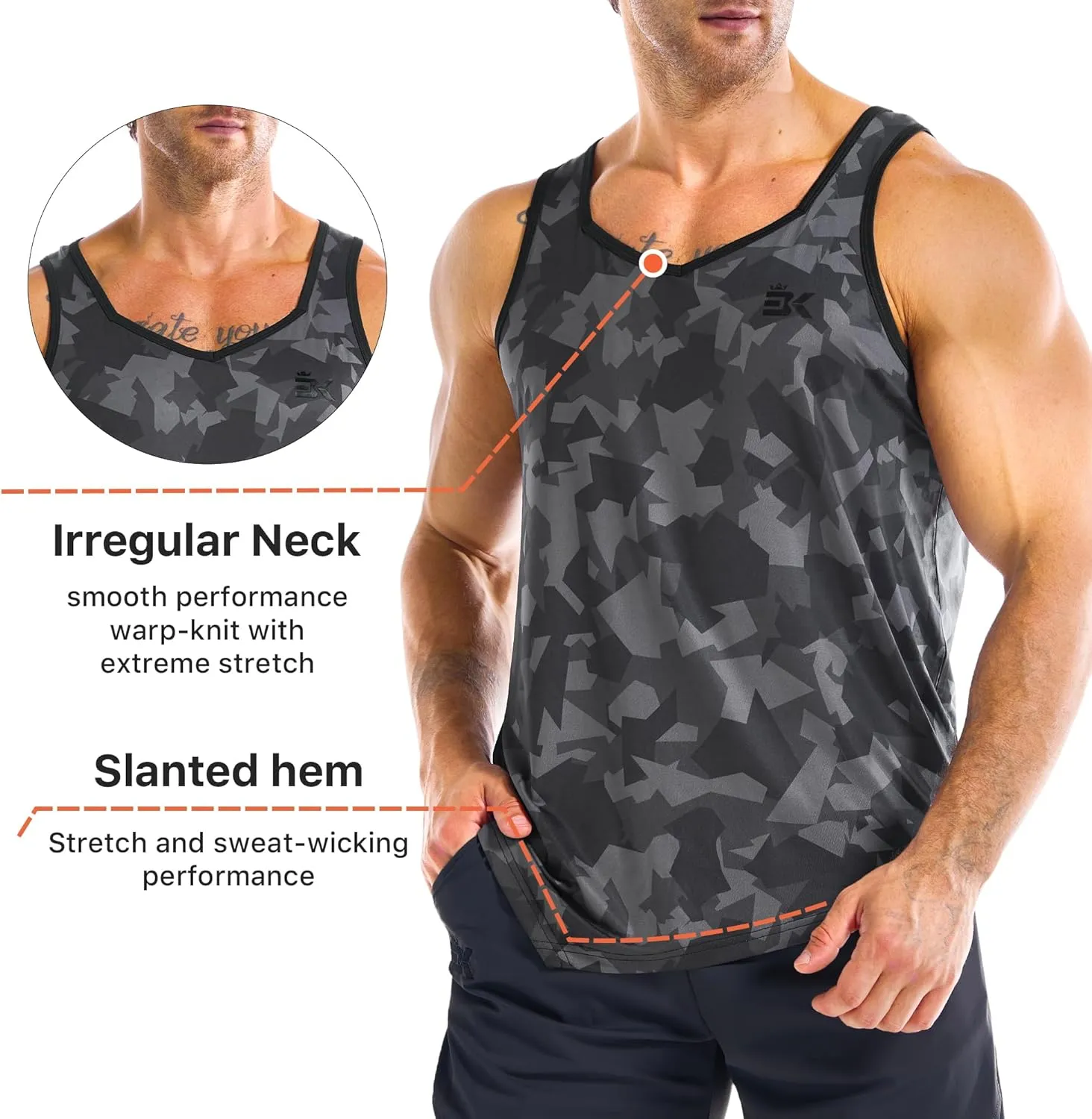 BROKIG Men's Irregular Gym Tank Tops 3 Pack Lightweight Quick Dry Running Sleeveless Shirts Bodybuilding Tee