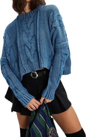 Cable Knit Cropped Sweater for Women Crew Neck Long Sleeve Chunky Pullover Loose Fall Winter Outfit