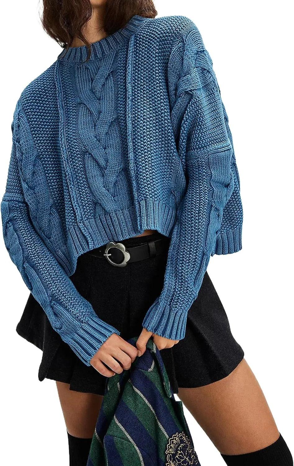 Cable Knit Cropped Sweater for Women Crew Neck Long Sleeve Chunky Pullover Loose Fall Winter Outfit