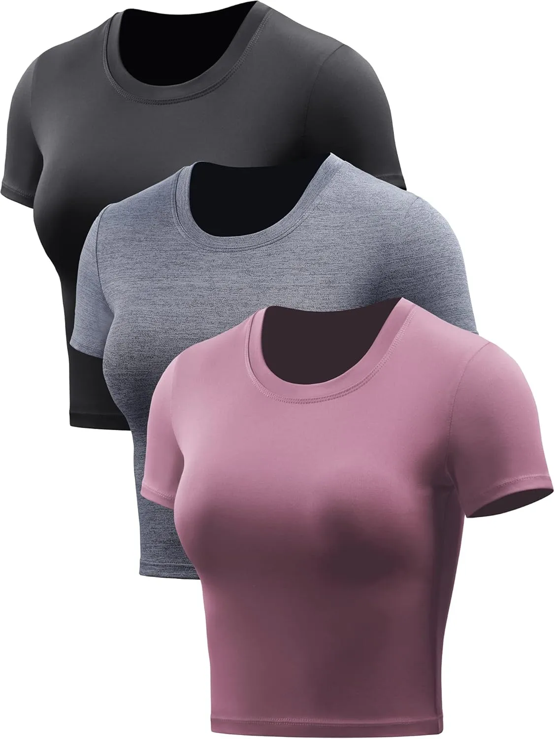 CADMUS Women's Dry Fit Crop Top Yoga Short Sleeve Shirts Crew Neck Athletic Running Tee 3 Pieces