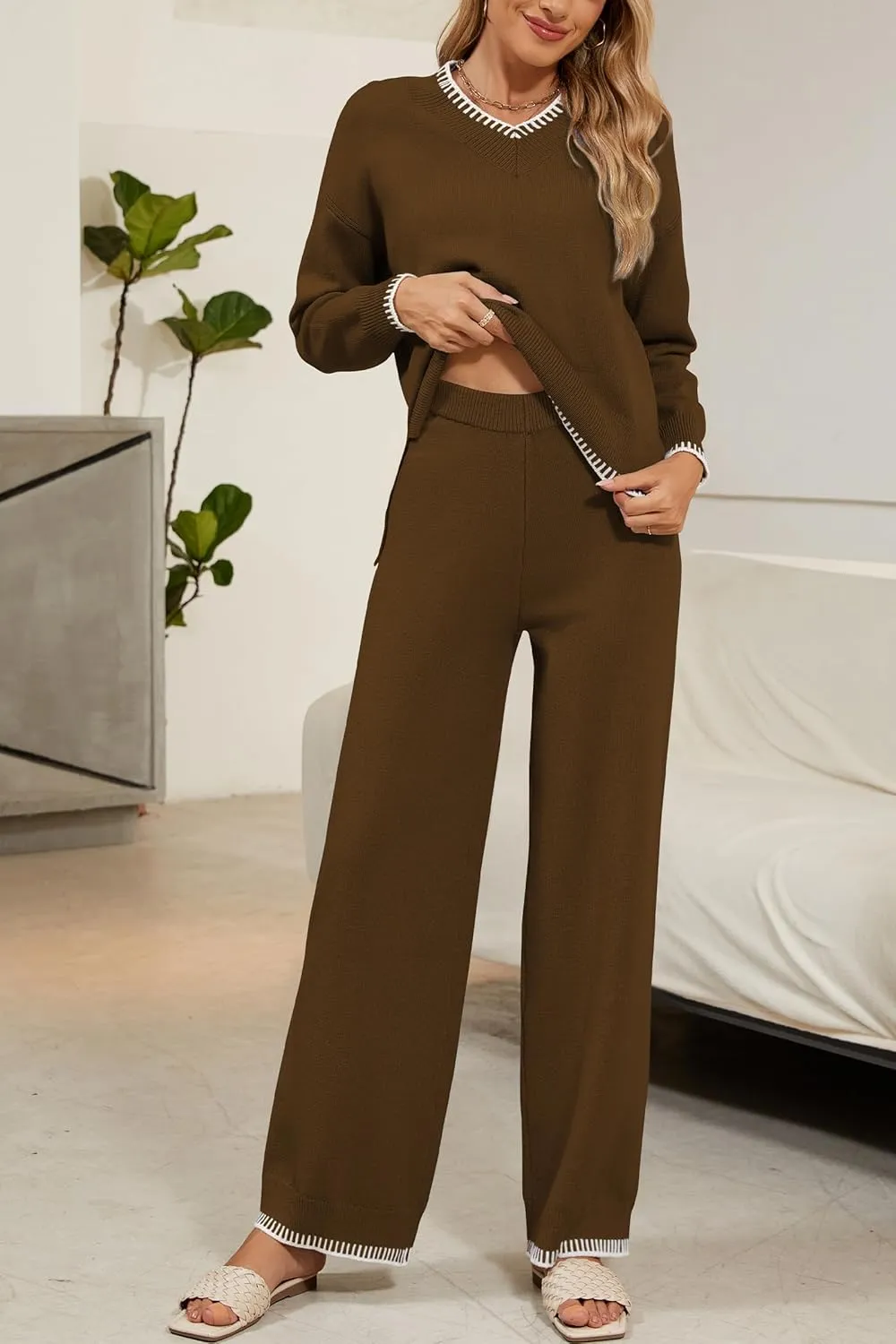 Cakulo Womens 2 Piece Outfits Sweater Lounge Sets 2024 Loungewear Knit Wide Leg Pants Matching Sweatsuit Set