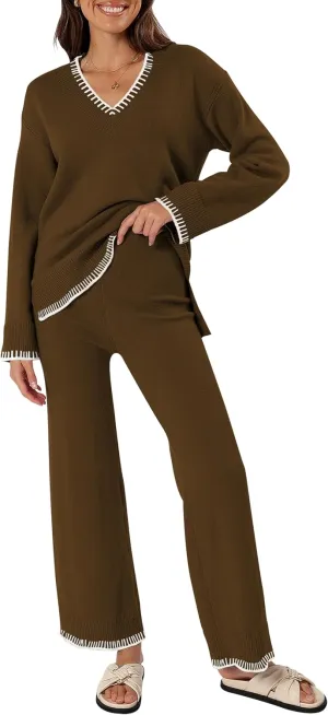Cakulo Womens 2 Piece Outfits Sweater Lounge Sets 2024 Loungewear Knit Wide Leg Pants Matching Sweatsuit Set