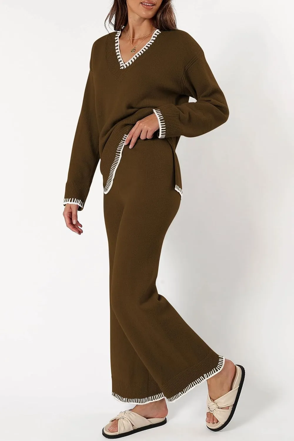 Cakulo Womens 2 Piece Outfits Sweater Lounge Sets 2024 Loungewear Knit Wide Leg Pants Matching Sweatsuit Set