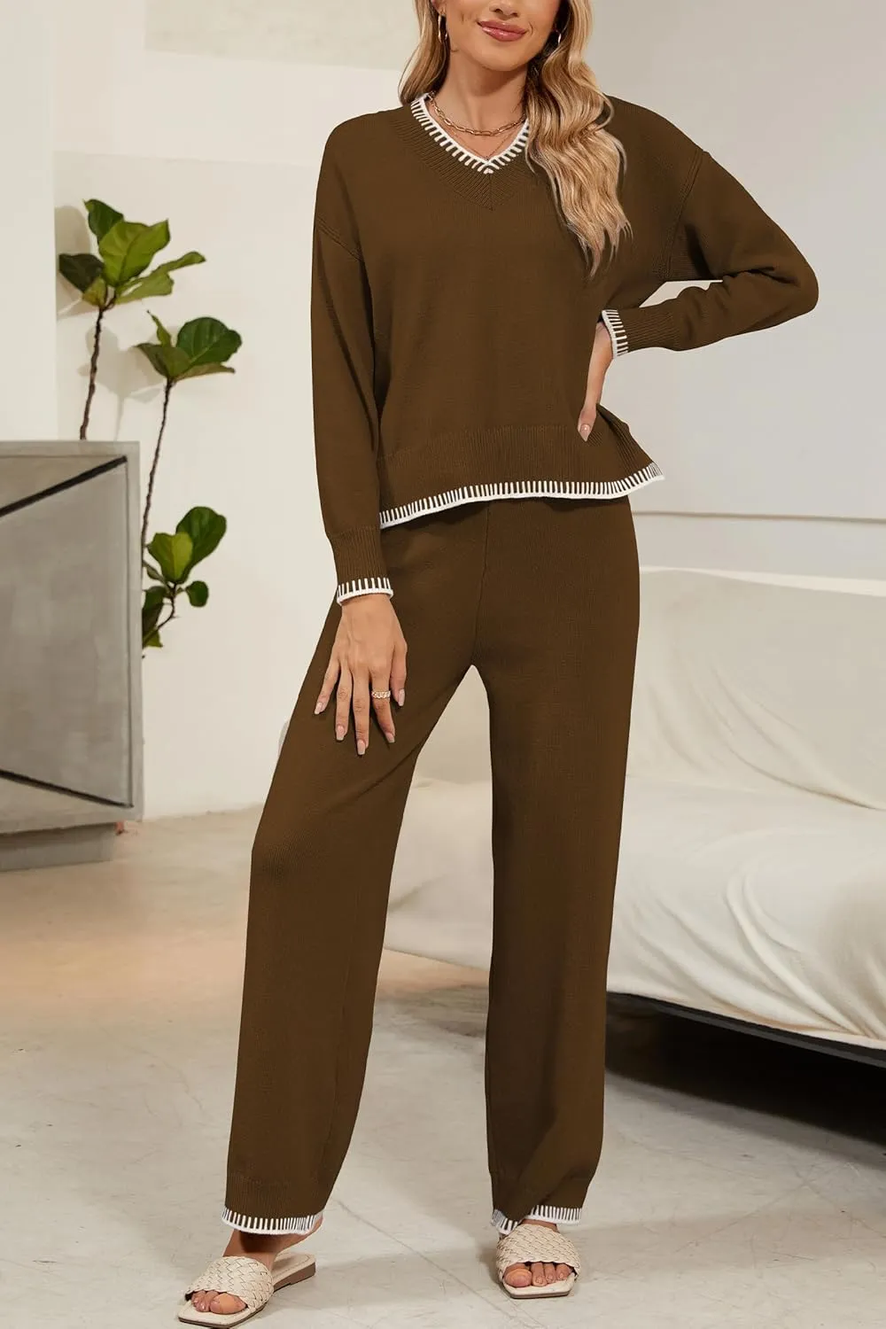 Cakulo Womens 2 Piece Outfits Sweater Lounge Sets 2024 Loungewear Knit Wide Leg Pants Matching Sweatsuit Set