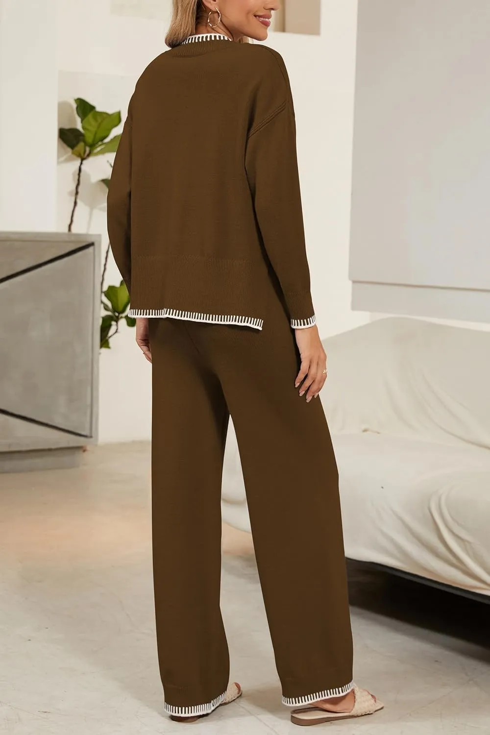 Cakulo Womens 2 Piece Outfits Sweater Lounge Sets 2024 Loungewear Knit Wide Leg Pants Matching Sweatsuit Set