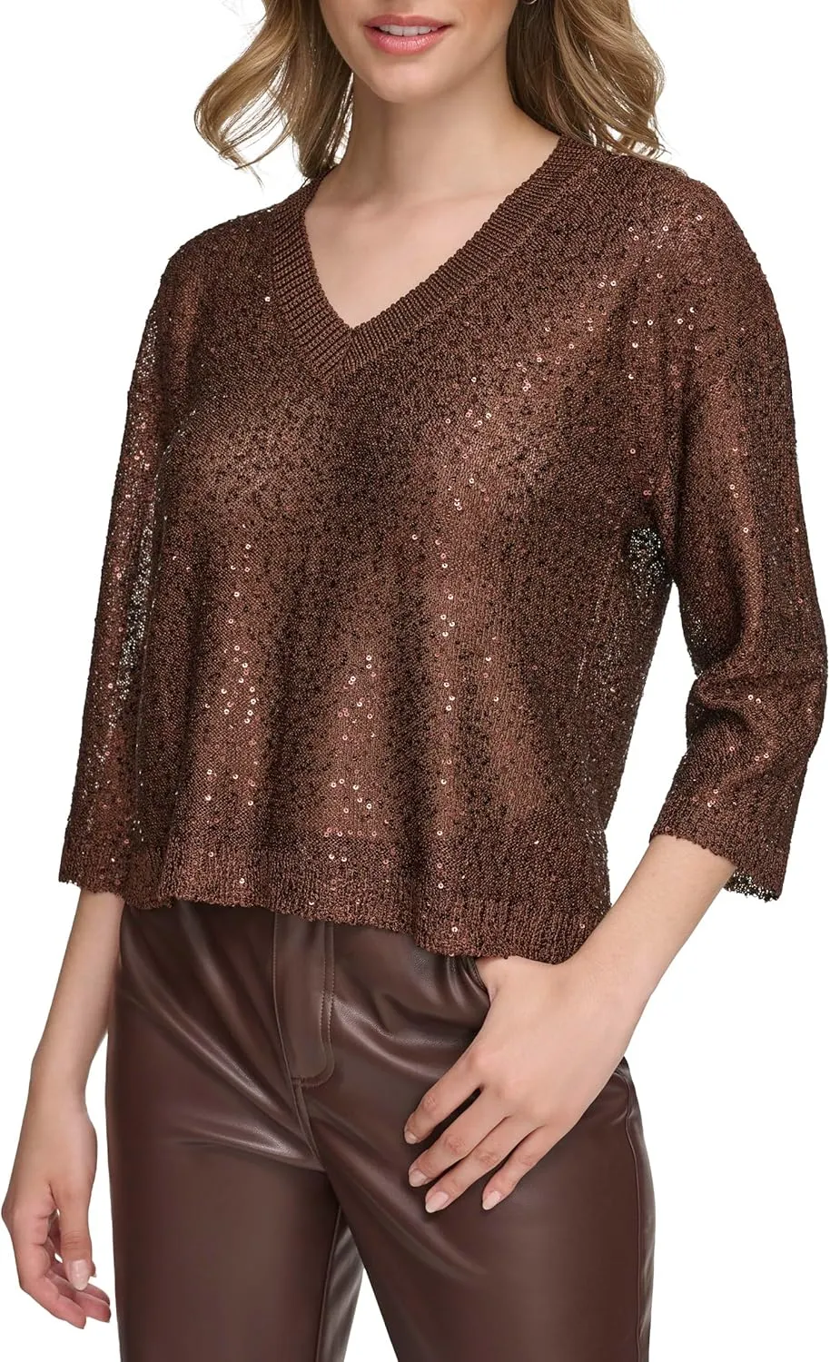 Calvin Klein Women's Pull on Sequin V Neck Sweater